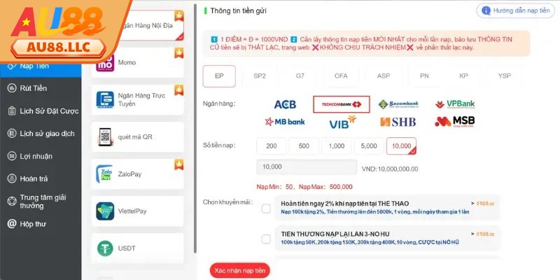 Nạp Tiền Au88 - An Toàn, Tiện Lợi Mọi Lúc Mọi Nơi 2 Hướng dẫn 3 bước nạp tiền Au88 dễ hiểu nhất cho anh em